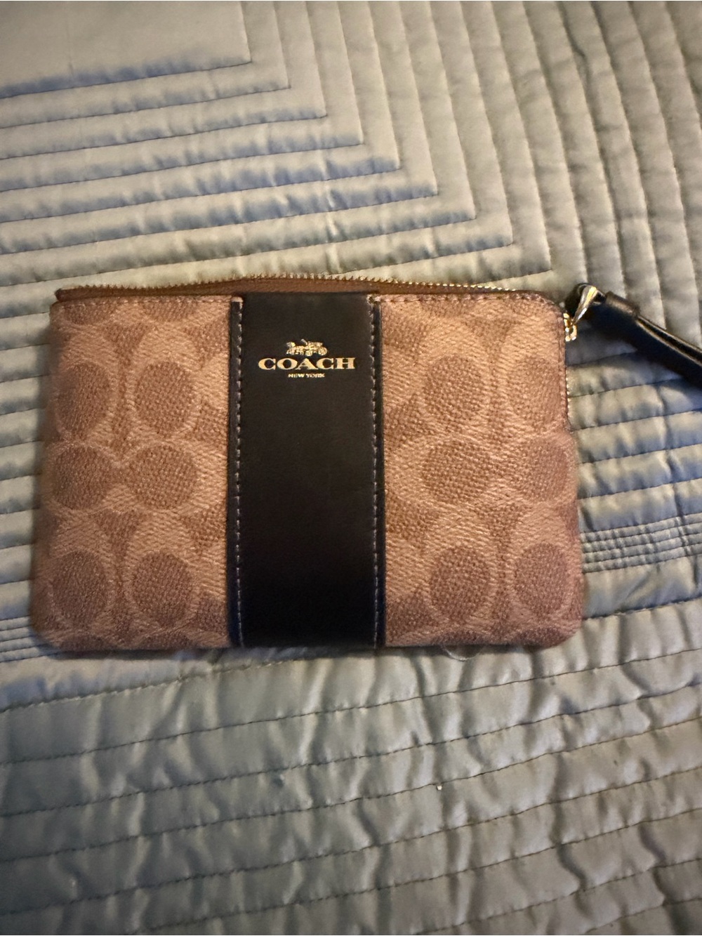 Coach Brown Signature Canvas Wristlet with Black Leather Stripe